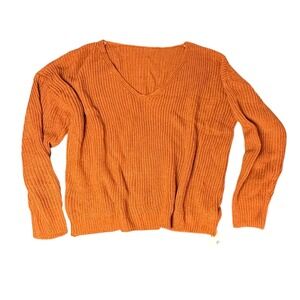 Elezay V-Neck Knit Sweater Ribbed Long Sleeve Pullover Burnt Orange‎ Small